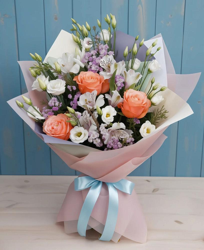 Букет цветов из: Лизиантусы, Розы, Альстромерии и Гипсофила в Бабаюрте